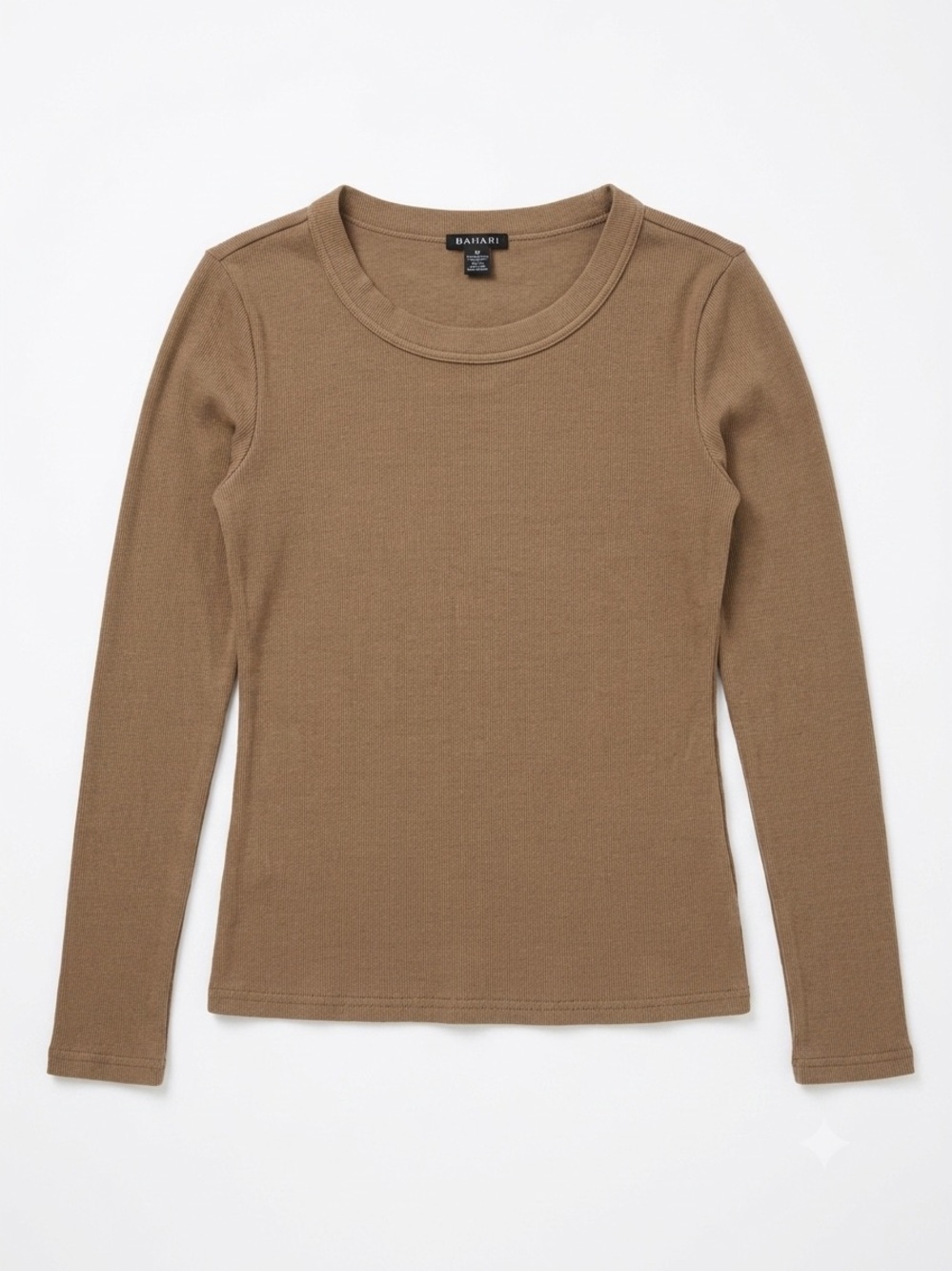 Tahari Ribbed Long-Sleeve Crewneck Top - Taupe / Brown - Size Medium